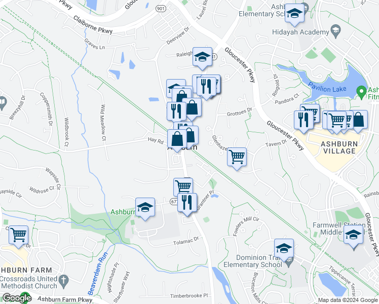 map of restaurants, bars, coffee shops, grocery stores, and more near 20704 Ashburn Road in Ashburn