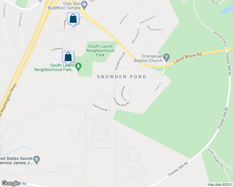 map of restaurants, bars, coffee shops, grocery stores, and more near 11301 Snowden Pond Road in Laurel