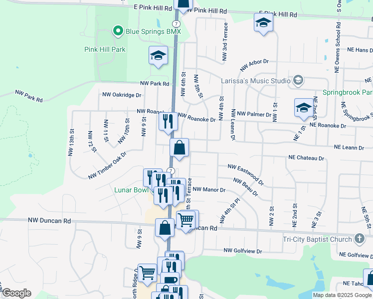 map of restaurants, bars, coffee shops, grocery stores, and more near 2121 Northwest 6th Street Terrace in Blue Springs