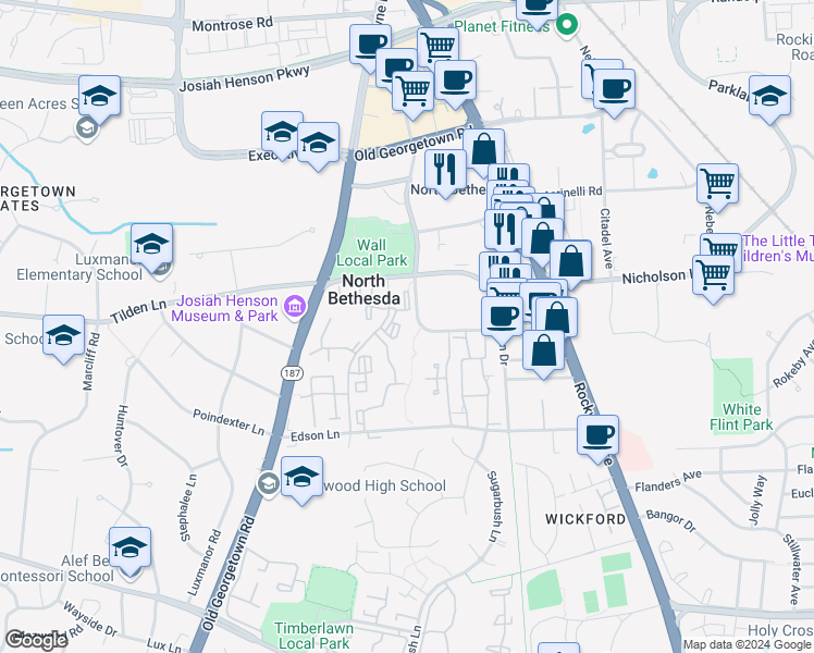 map of restaurants, bars, coffee shops, grocery stores, and more near 11405 Commonwealth Drive in Rockville