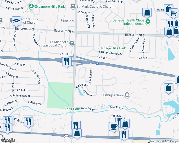map of restaurants, bars, coffee shops, grocery stores, and more near 4142 South Milton Drive in Independence