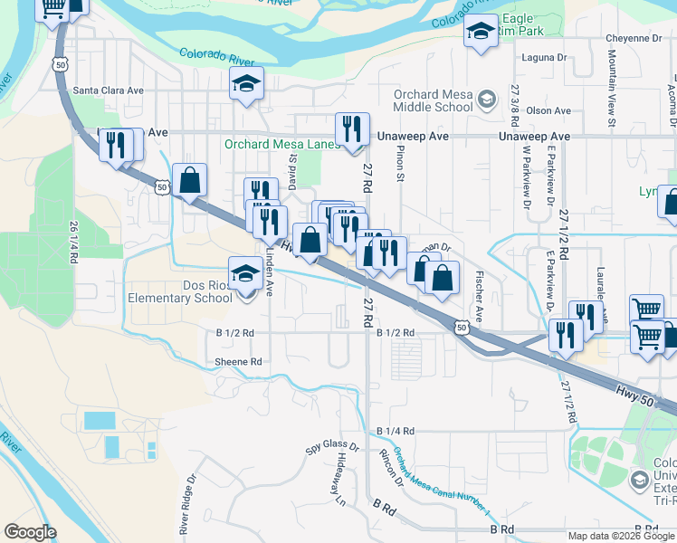 map of restaurants, bars, coffee shops, grocery stores, and more near 2693 U.S. 50 in Grand Junction