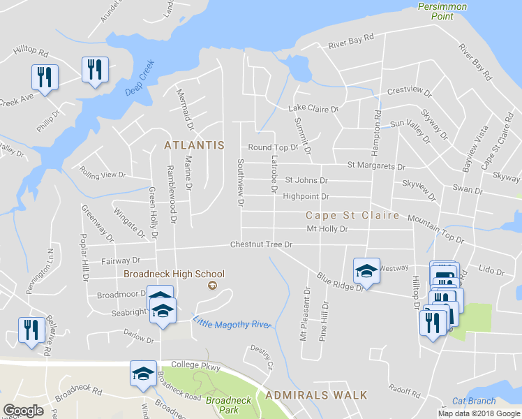 map of restaurants, bars, coffee shops, grocery stores, and more near 956 Dogwood Tree Dr in Annapolis