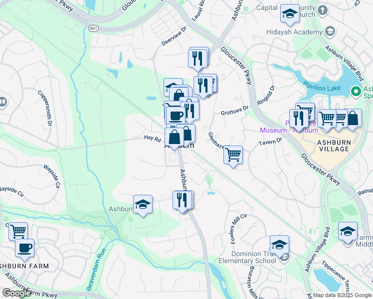 map of restaurants, bars, coffee shops, grocery stores, and more near 20704 Ashburn Road in Ashburn