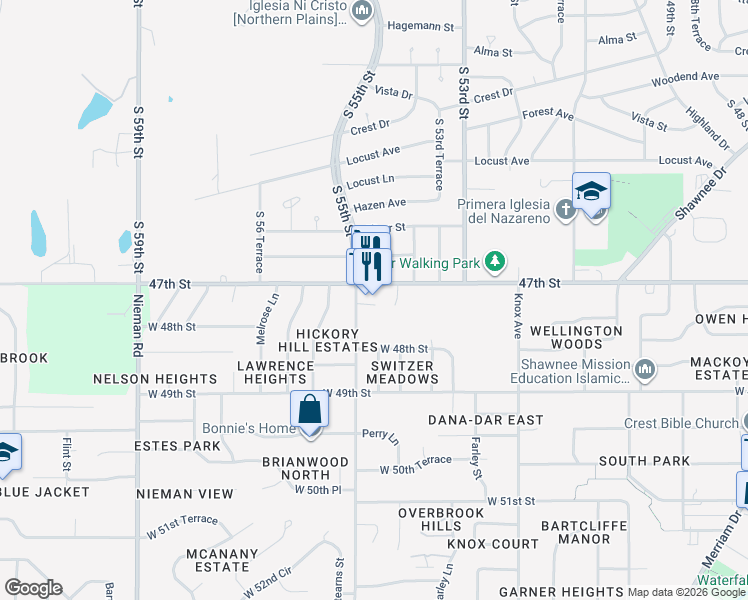 map of restaurants, bars, coffee shops, grocery stores, and more near 10201 47th Street in Shawnee