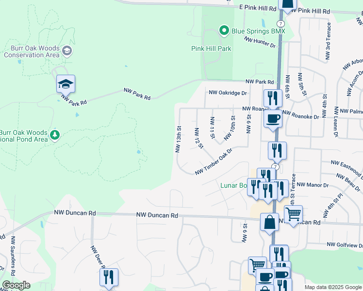 map of restaurants, bars, coffee shops, grocery stores, and more near 2132 Northwest 13th Street in Blue Springs