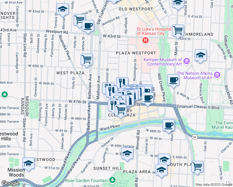 map of restaurants, bars, coffee shops, grocery stores, and more near 4616 Jefferson Street in Kansas City
