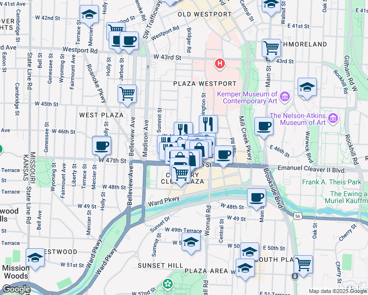 map of restaurants, bars, coffee shops, grocery stores, and more near 4622 Pennsylvania Avenue in Kansas City