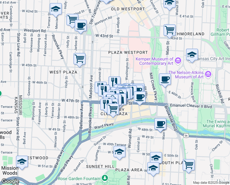map of restaurants, bars, coffee shops, grocery stores, and more near 4622 Pennsylvania Avenue in Kansas City