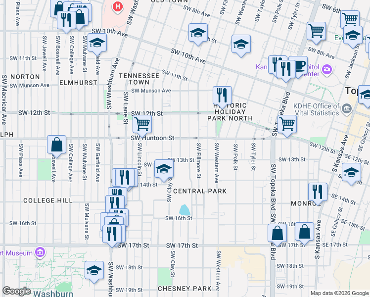 map of restaurants, bars, coffee shops, grocery stores, and more near 1258 Southwest Clay Street in Topeka