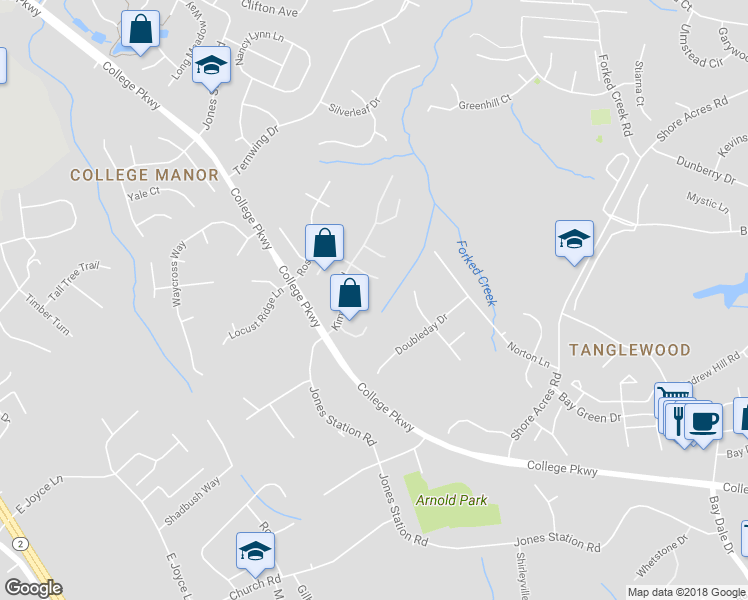map of restaurants, bars, coffee shops, grocery stores, and more near 1231 Driftwood Court in Arnold