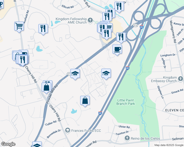 map of restaurants, bars, coffee shops, grocery stores, and more near 11330 Evans Trail in Beltsville