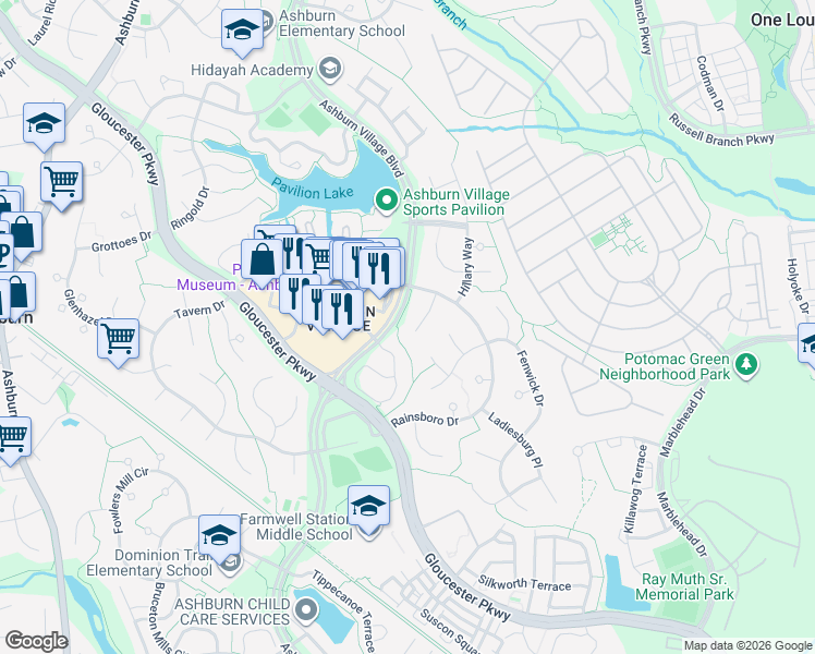 map of restaurants, bars, coffee shops, grocery stores, and more near 20703 Mandalay Court in Ashburn