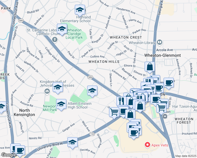 map of restaurants, bars, coffee shops, grocery stores, and more near 11409 Veirs Mill Road in Silver Spring