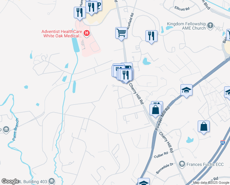 map of restaurants, bars, coffee shops, grocery stores, and more near 11402 Cherry Hill Road in Beltsville