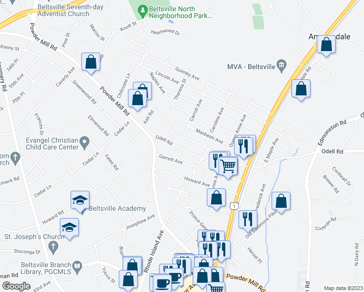 map of restaurants, bars, coffee shops, grocery stores, and more near 4800 Odell Road in Beltsville
