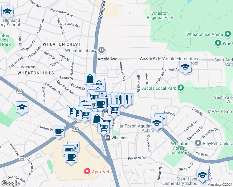 map of restaurants, bars, coffee shops, grocery stores, and more near 2317 Blueridge Avenue in Silver Spring