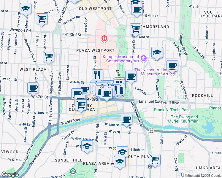 map of restaurants, bars, coffee shops, grocery stores, and more near 4604 Wornall Road in Kansas City