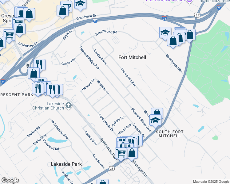 map of restaurants, bars, coffee shops, grocery stores, and more near 77 Pleasant Ridge Avenue in Fort Mitchell