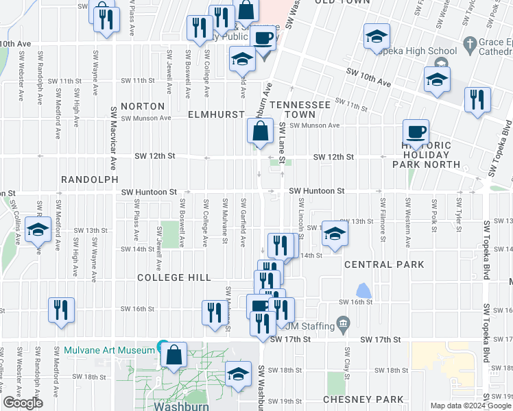 map of restaurants, bars, coffee shops, grocery stores, and more near 1259 Southwest Washburn Avenue in Topeka