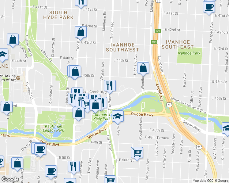 map of restaurants, bars, coffee shops, grocery stores, and more near 134510 East 46th Street in Kansas City