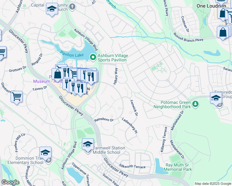 map of restaurants, bars, coffee shops, grocery stores, and more near 20705 Rainsboro Dr in Ashburn