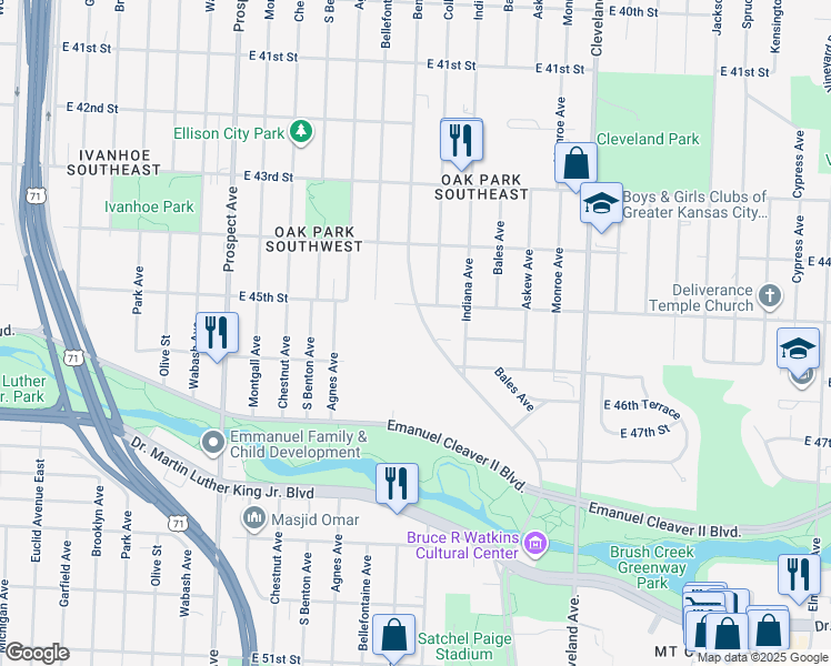 map of restaurants, bars, coffee shops, grocery stores, and more near 4516 Benton Boulevard in Kansas City