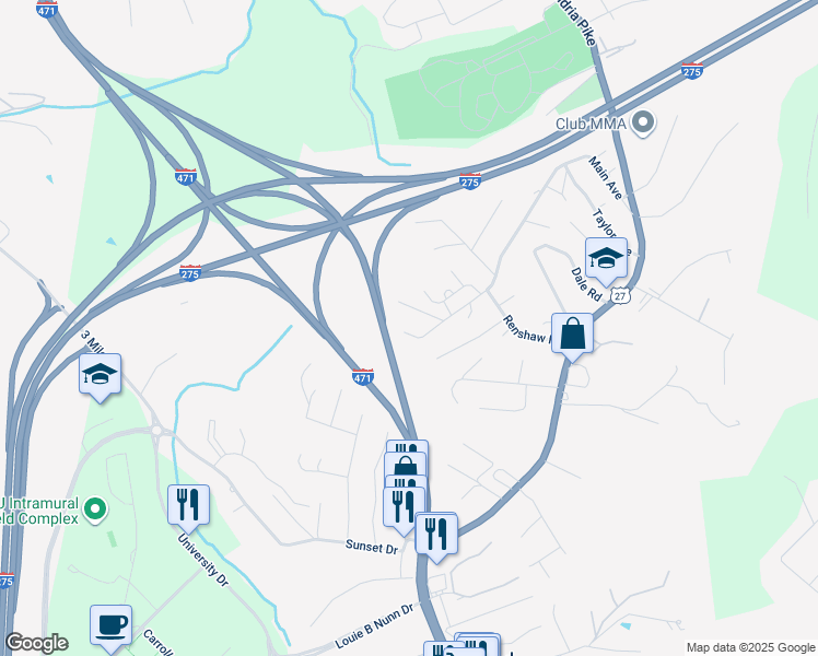 map of restaurants, bars, coffee shops, grocery stores, and more near 313 Davis Road in Highland Heights