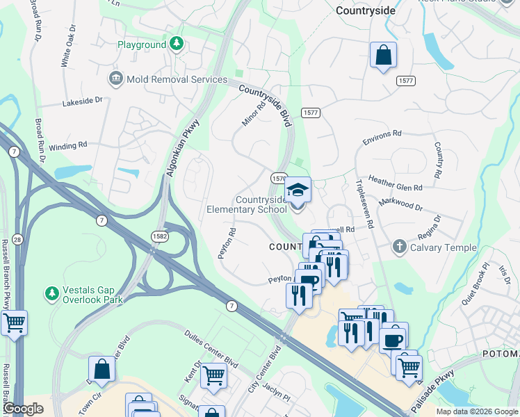 map of restaurants, bars, coffee shops, grocery stores, and more near 9 Clapham Court in Sterling