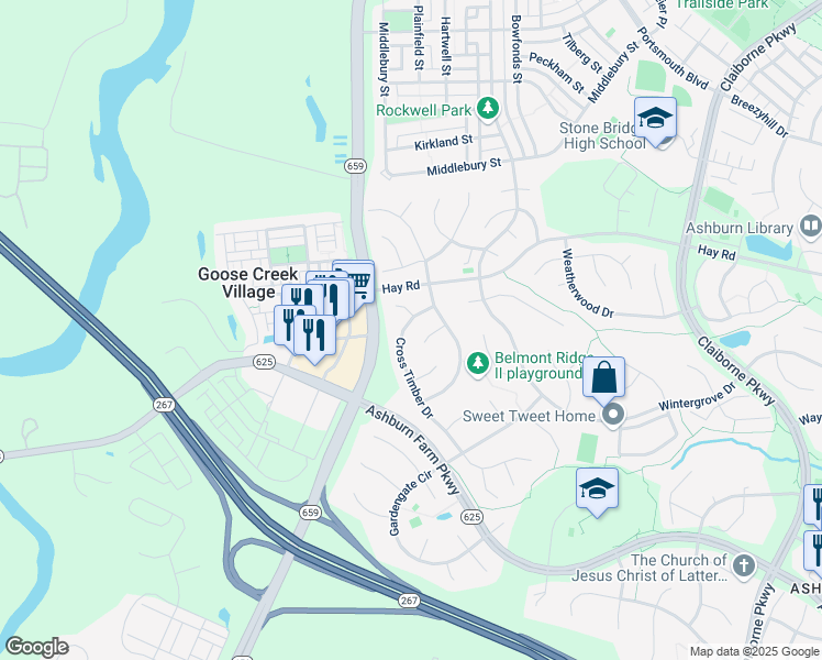 map of restaurants, bars, coffee shops, grocery stores, and more near 20732 Cross Timber Drive in Ashburn