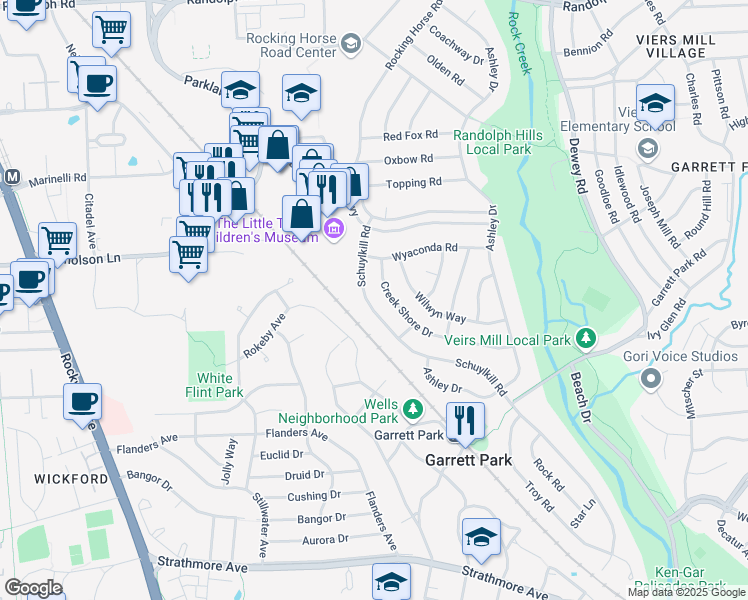 map of restaurants, bars, coffee shops, grocery stores, and more near 11429 Schuylkill Road in Rockville