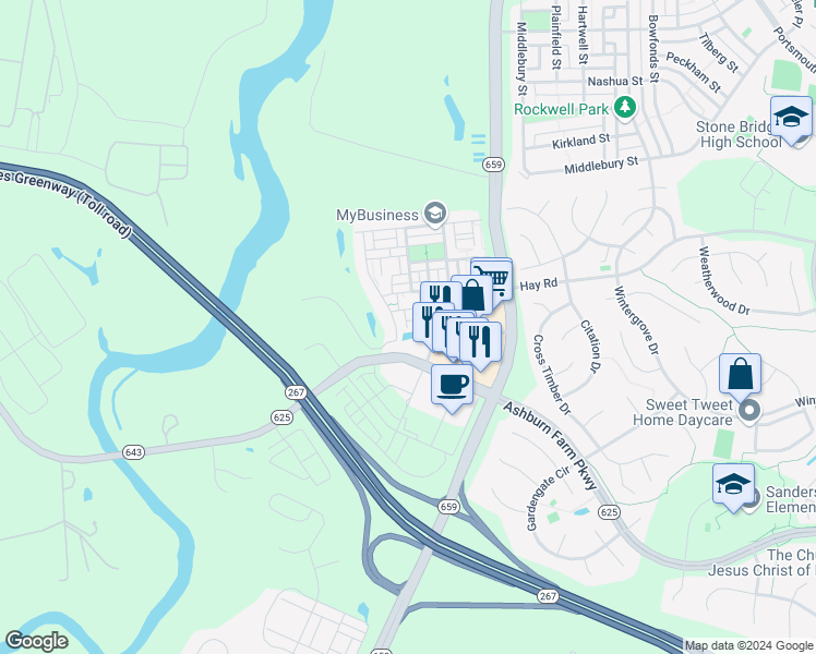map of restaurants, bars, coffee shops, grocery stores, and more near 21001 Sycolin Road in Ashburn