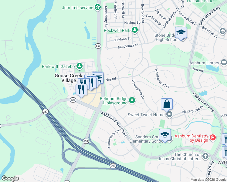 map of restaurants, bars, coffee shops, grocery stores, and more near 20732 Cross Timber Drive in Ashburn