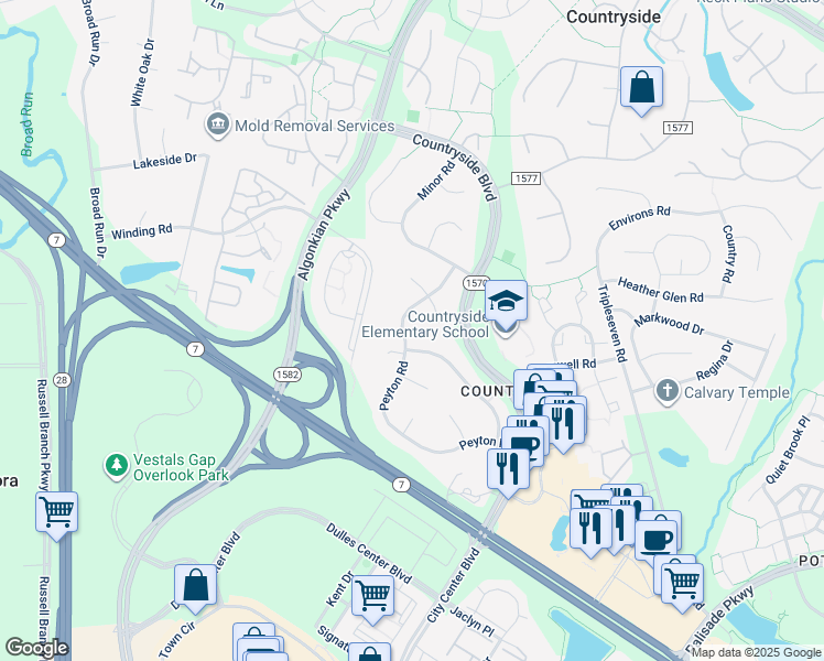 map of restaurants, bars, coffee shops, grocery stores, and more near 156 Peyton Road in Sterling