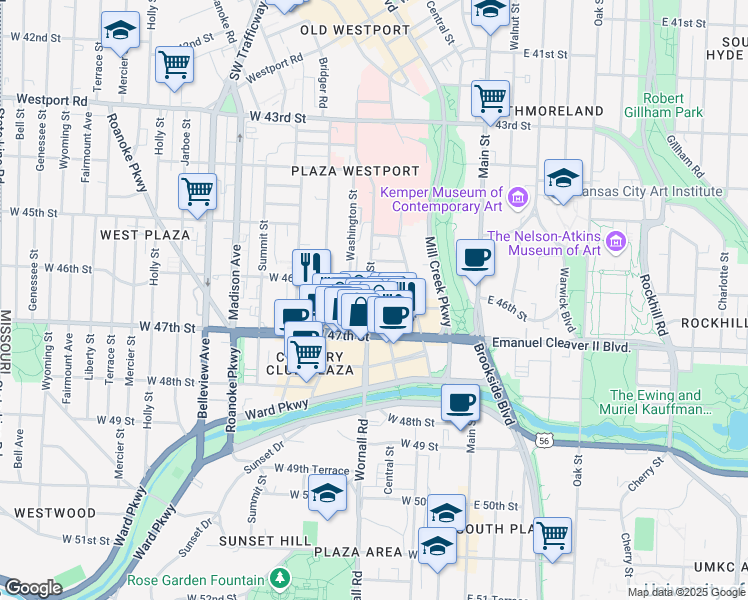 map of restaurants, bars, coffee shops, grocery stores, and more near 4615 Broadway Boulevard in Kansas City