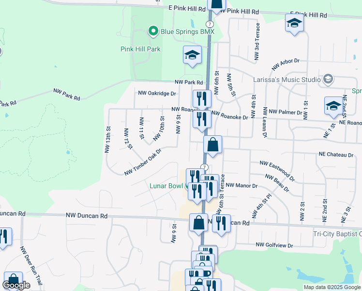map of restaurants, bars, coffee shops, grocery stores, and more near 2104 Northwest 9 Street in Blue Springs