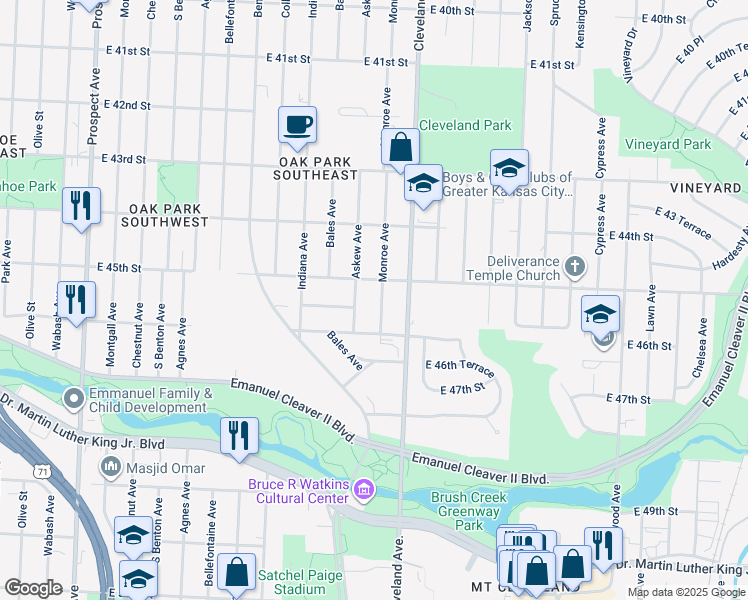map of restaurants, bars, coffee shops, grocery stores, and more near 4514 Monroe Avenue in Kansas City