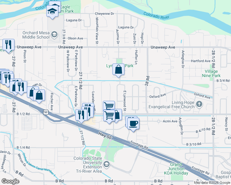 map of restaurants, bars, coffee shops, grocery stores, and more near 265 1/2 Nashua Lane in Grand Junction
