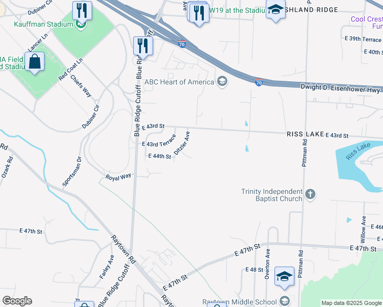 map of restaurants, bars, coffee shops, grocery stores, and more near 9210 East 44th Street in Kansas City