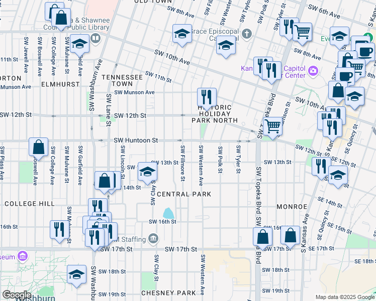 map of restaurants, bars, coffee shops, grocery stores, and more near 1257 Southwest Fillmore Street in Topeka