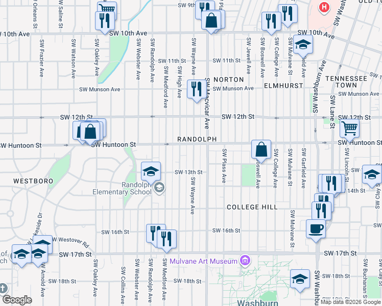 map of restaurants, bars, coffee shops, grocery stores, and more near 1261 Southwest Wayne Avenue in Topeka
