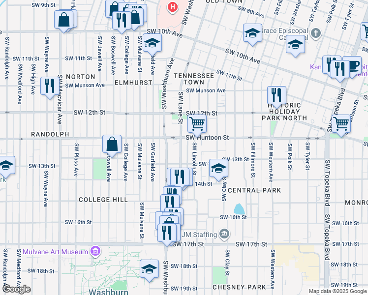 map of restaurants, bars, coffee shops, grocery stores, and more near 1258 Southwest Lane Street in Topeka