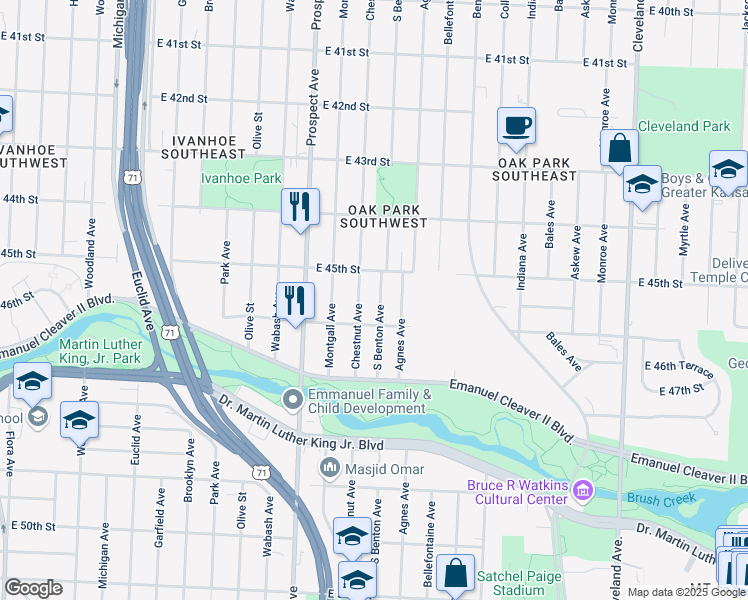 map of restaurants, bars, coffee shops, grocery stores, and more near 4526 S Benton Ave in Kansas City