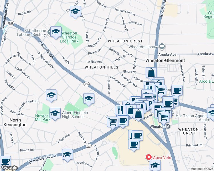 map of restaurants, bars, coffee shops, grocery stores, and more near 11412 Sherrie Lane in Silver Spring