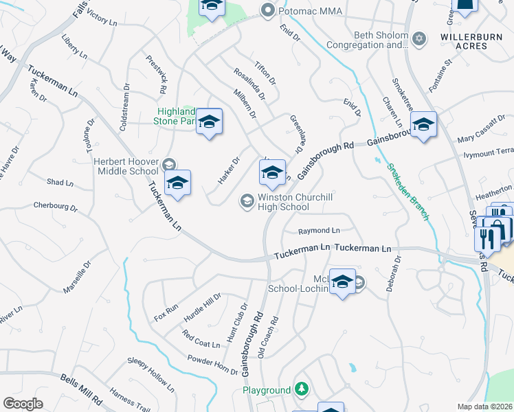 map of restaurants, bars, coffee shops, grocery stores, and more near 11200 Gainsborough Road in Potomac