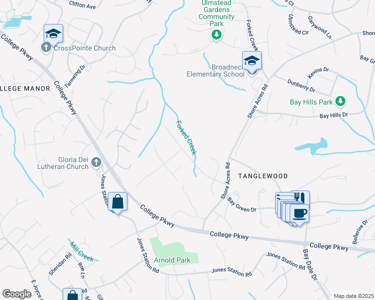 map of restaurants, bars, coffee shops, grocery stores, and more near 528 Norton Lane in Arnold
