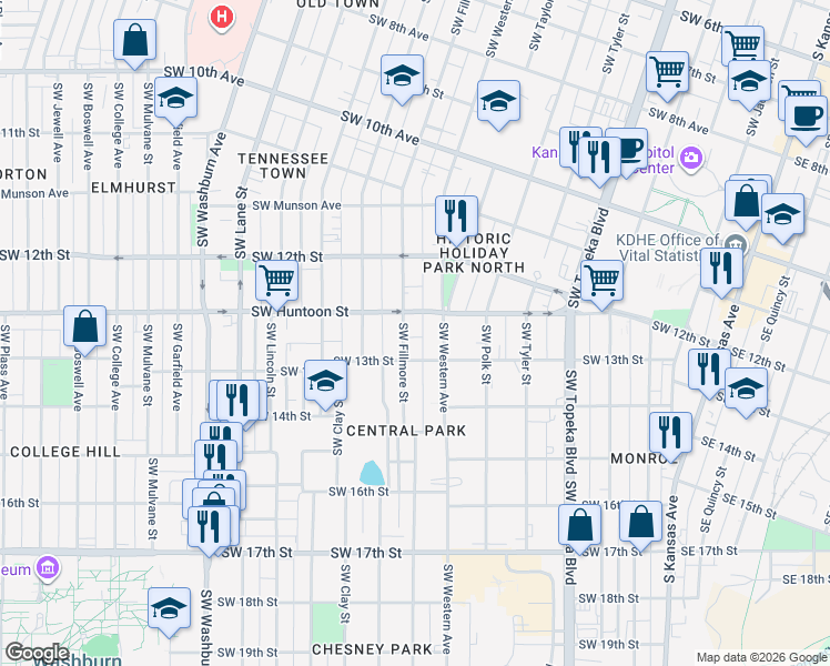 map of restaurants, bars, coffee shops, grocery stores, and more near 1257 Southwest Fillmore Street in Topeka