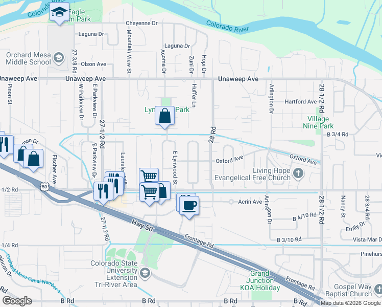 map of restaurants, bars, coffee shops, grocery stores, and more near 266 West Hanover Circle in Grand Junction