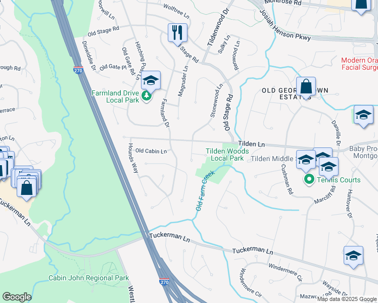 map of restaurants, bars, coffee shops, grocery stores, and more near 11408 Stonewood Lane in Rockville