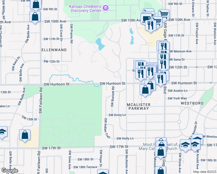 map of restaurants, bars, coffee shops, grocery stores, and more near 1260 Southwest Indian Trail Court in Topeka